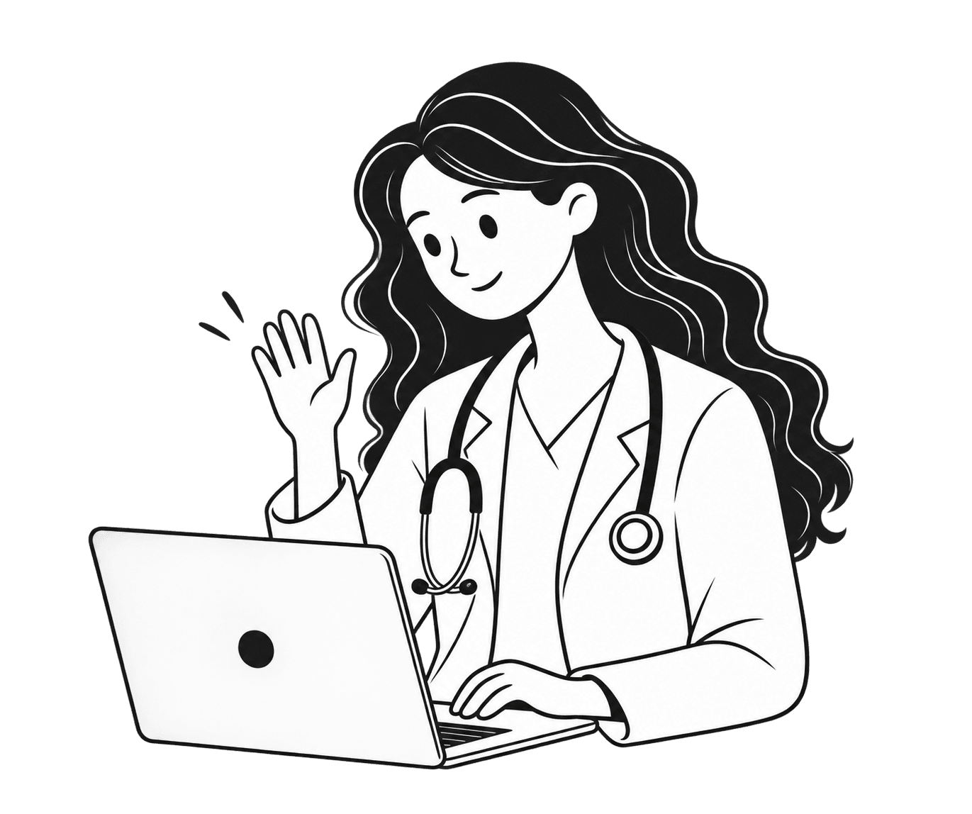 Doctora saludando junto a una computadora portátil