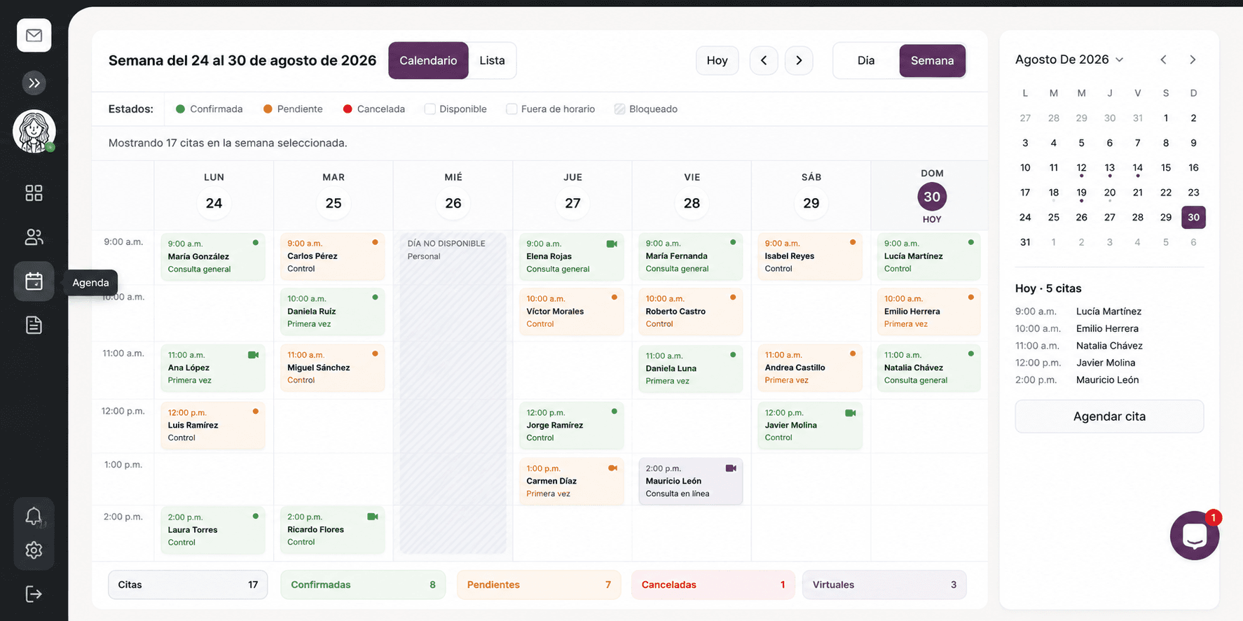 Vista semanal de la Agenda de Mireli con citas, disponibilidad y panel de contexto